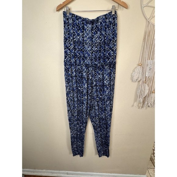 AMBIANCE Blue Tribal Design Elastic Waist Drawstring Strapless Jumpsuit Size L - Picture 6 of 12